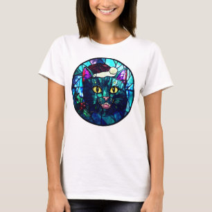 Katt som jammar i glasmålning Jul Svart Katt T Shirt
