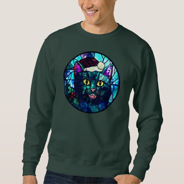 Katt som jammar julglaskatedral svart katt lång ärmad tröja (Framsida)