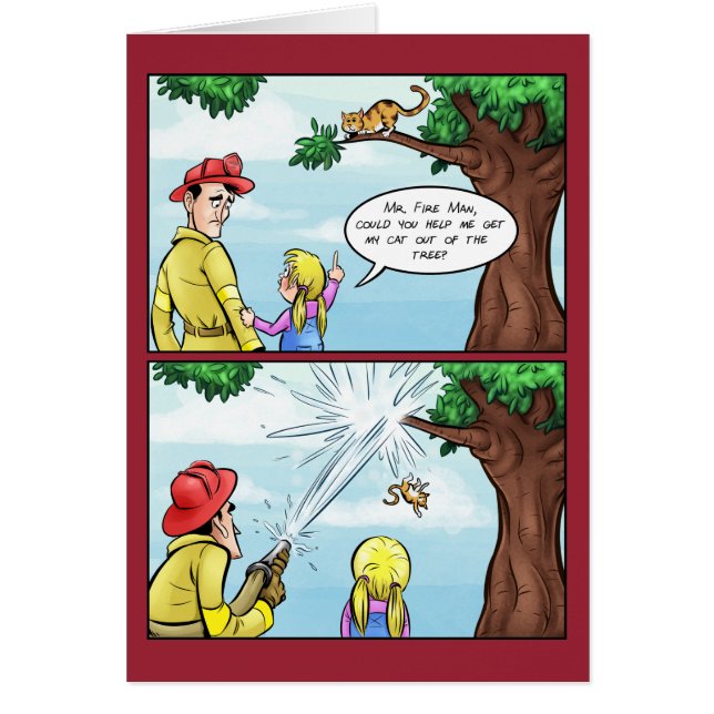 Katt som klibbas i trädtecknad hälsningskort (Framsidan)