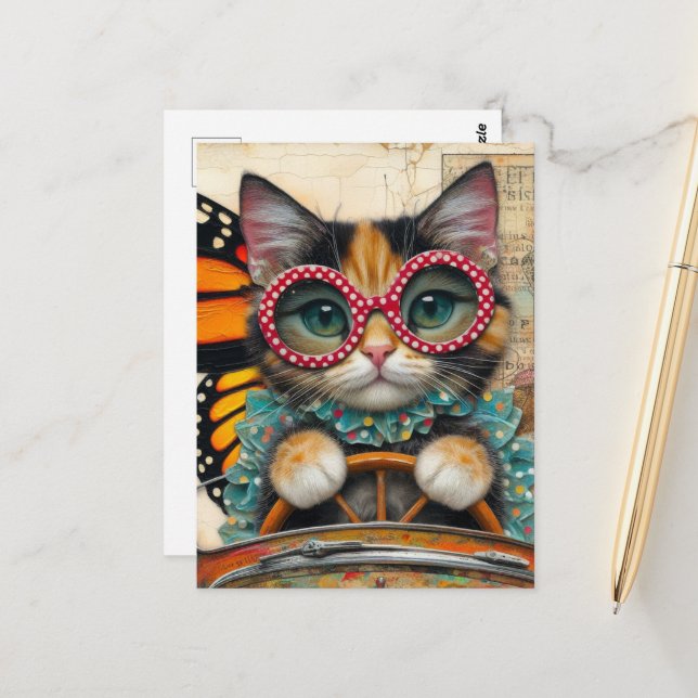 Katt som kör bil vykort (Fram/Back In Situ)