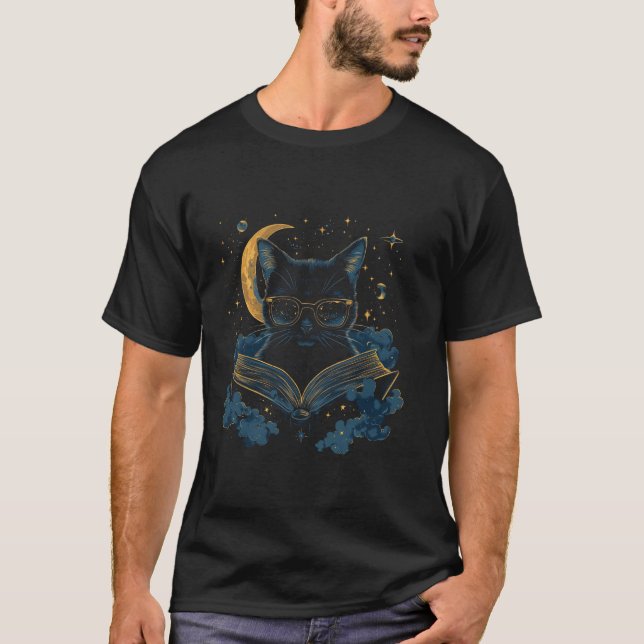 Katt som läser bokälskare Celestial Mörk Akademi M T Shirt (Framsida)