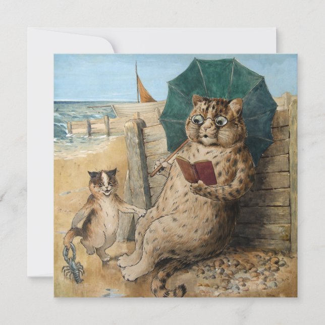 Katt som läser en bok av Louis Wain   Tack Kort (Framsida)