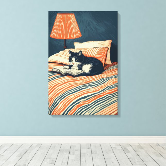 katt som läser i säng canvastryck (Insitu (trägolv))