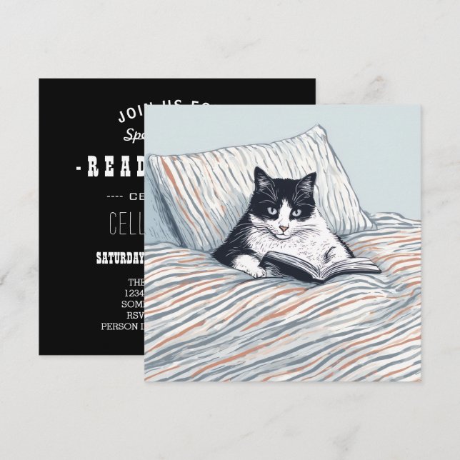 katt som läser i säng inbjudningar (Fram/baksida)