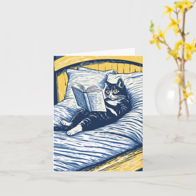 katt som läser i säng kort (Gul blomma)