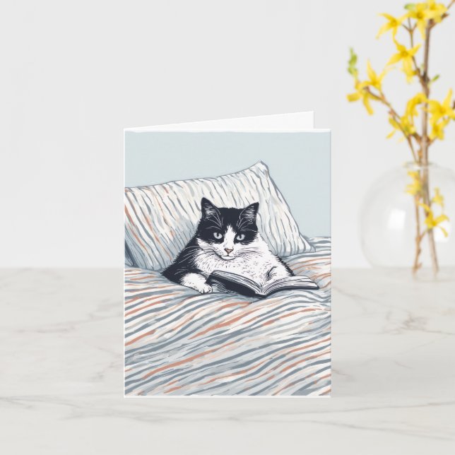 katt som läser i säng kort (Gul blomma)