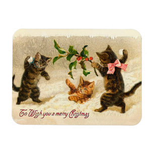 Katt som leker i snö Vintage-julgranen Magnet