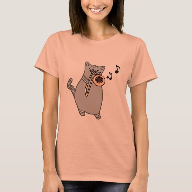 Katt som leker trombonen - musikergåvautslagsplats t shirt (Framsida)