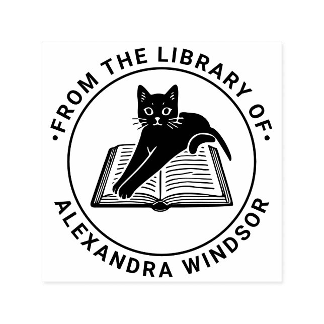 Katt som ligger på en öppen bok - Biblioteksboknam Självfärgande Stämpel (Design)