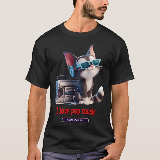 Katt som lyssnar på popmusik t shirt (Framsida)
