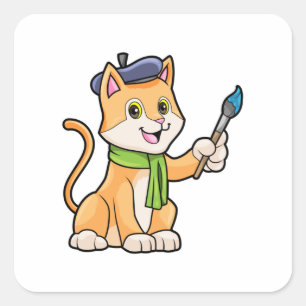 Katt som målare med pensel och scarf fyrkantigt klistermärke