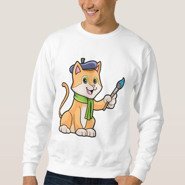 Katt som målare med pensel och scarf lång ärmad tröja (Framsida)