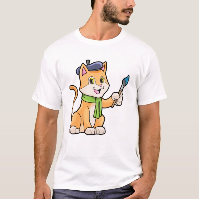 Katt som målare med pensel och scarf t shirt (Framsida)