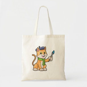 Katt som målare med pensel och scarf tygkasse