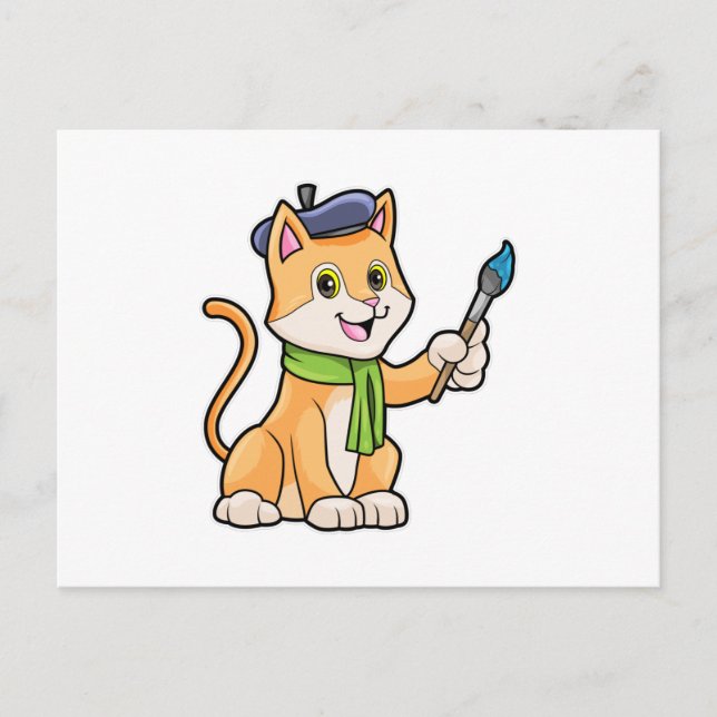 Katt som målare med pensel och scarf vykort (Framsida)