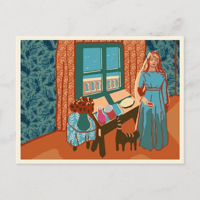 Katt som matar i strandhus en sommardag vykort (Framsida)