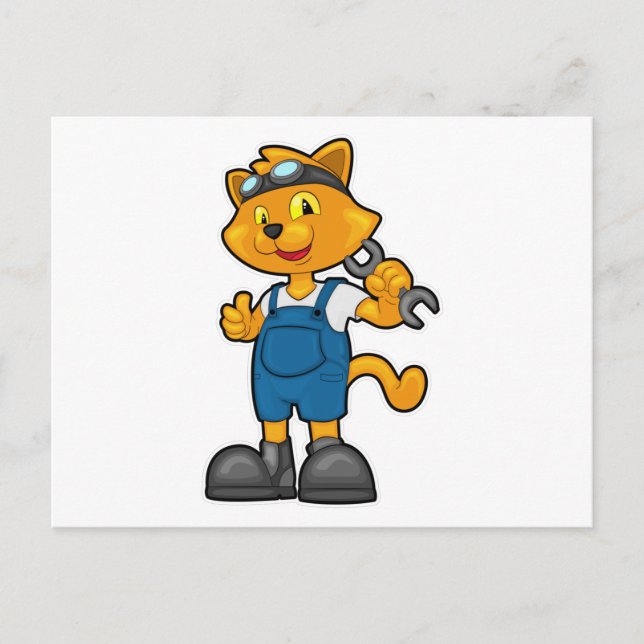 Katt som mekaniker med skiftnyckel vykort (Framsida)