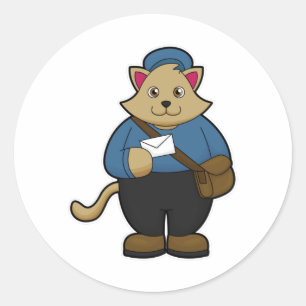 Katt som Postman med kuvert och påse Runt Klistermärke