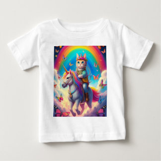 Katt som rider enhörning med regnbågar och fjärila t shirt