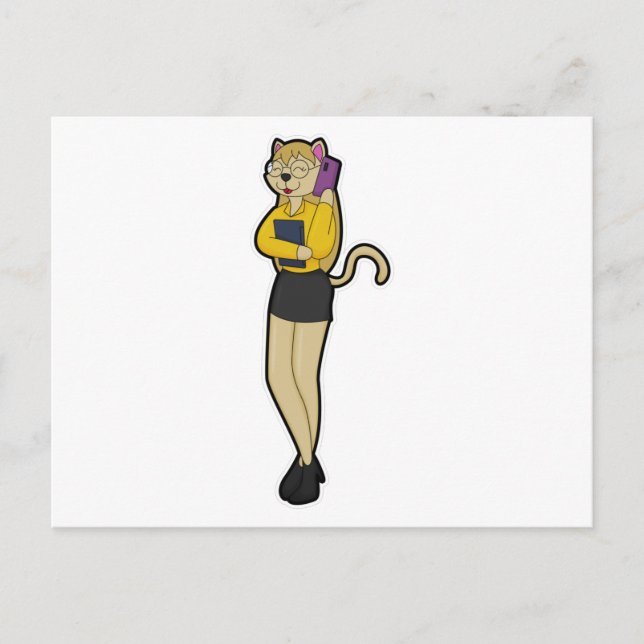 Katt som sekreterare med bärbar dator och mobiltel vykort (Framsida)