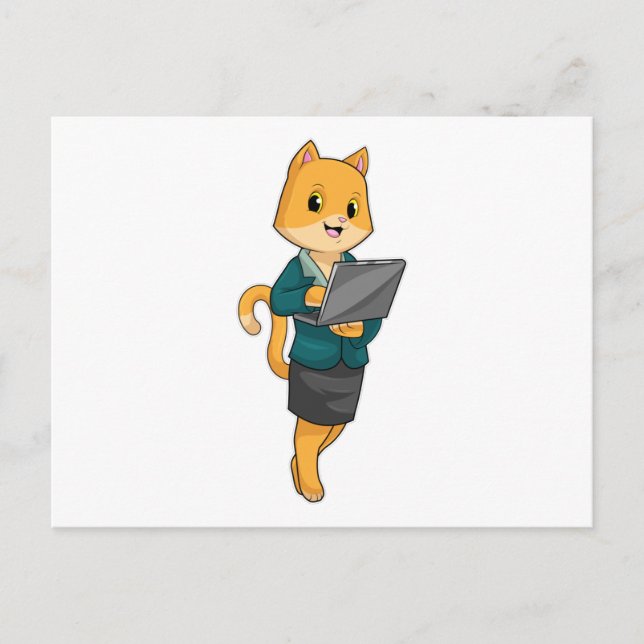 Katt som sekreterare med bärbar dator vykort (Framsida)