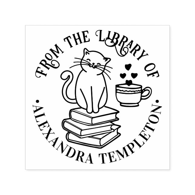 Katt som sitter på böcker #3, Kopp Biblioteksnamn Självfärgande Stämpel (Design)