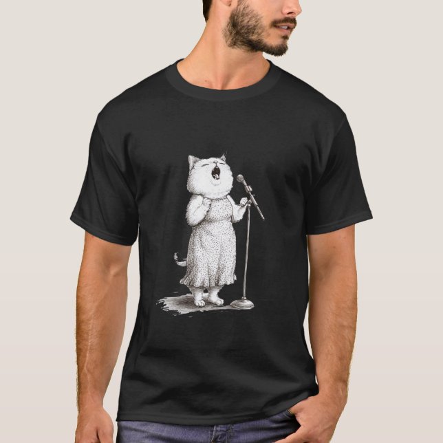 Katt som sjunger i mikrofon föreställning t shirt (Framsida)