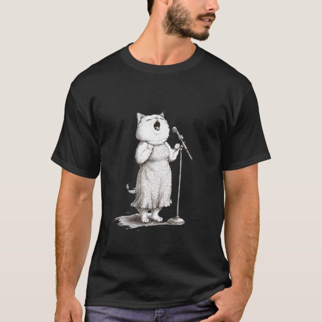 Katt som sjunger in i mikrofon föreställning t shirt (Framsida)