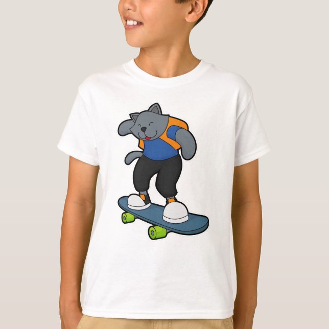 Katt som Skateboarder med Skateboard T Shirt (Framsida)