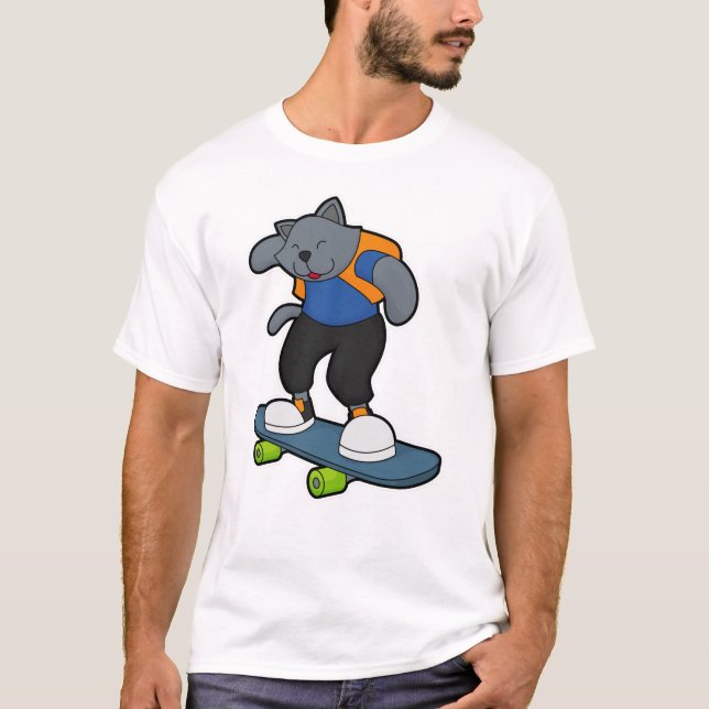 Katt som Skateboarder med Skateboard T Shirt (Framsida)