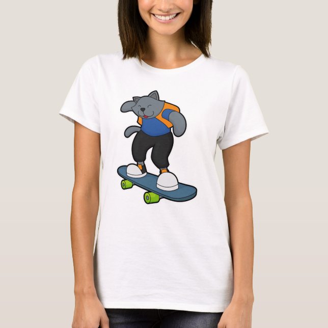 Katt som Skateboarder med Skateboard T Shirt (Framsida)
