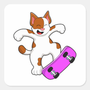 Katt som Skater med Skateboard Fyrkantigt Klistermärke