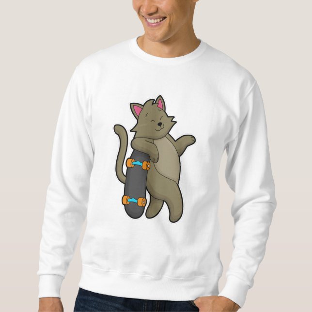 Katt som Skater med Skateboard Lång Ärmad Tröja (Framsida)