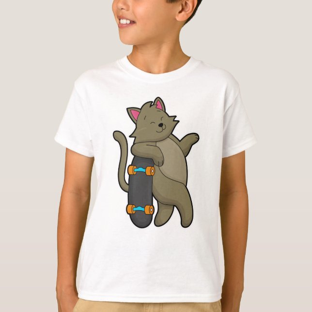 Katt som Skater med Skateboard T Shirt (Framsida)