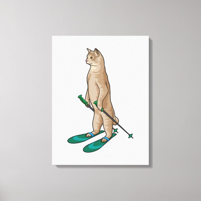 Katt som Skier med ski- och skidpoler Canvastryck (Framsida)