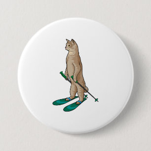 Katt som Skier med ski- och skidpoler Knapp