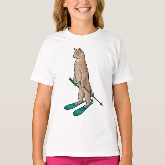 Katt som Skier med ski- och skidpoler T Shirt (Framsida)
