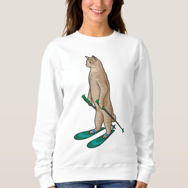 Katt som Skier med ski- och skidpoler T Shirt (Framsida)