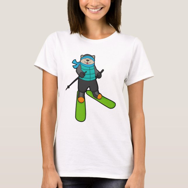 Katt som Skier med Ski T Shirt (Framsida)