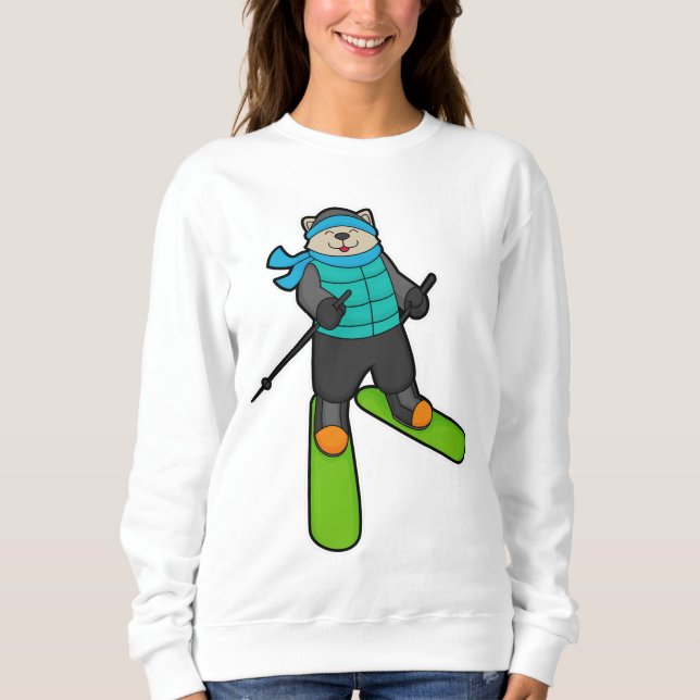 Katt som Skier med Ski T Shirt (Framsida)