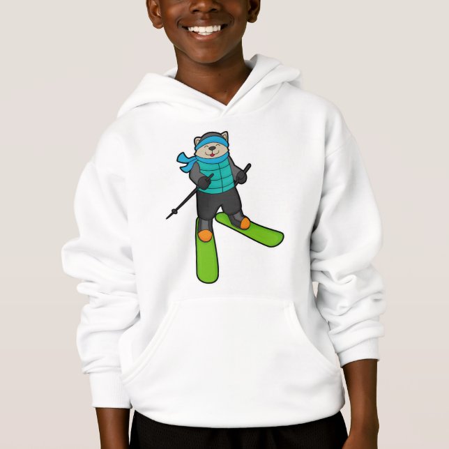 Katt som Skier med Ski T Shirt (Framsida)