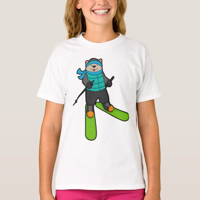 Katt som Skier med Ski T Shirt (Framsida)