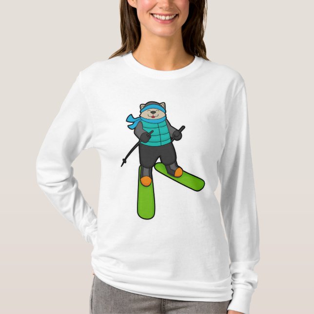 Katt som Skier med Ski T Shirt (Framsida)