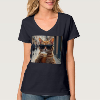 Katt som smuttar på kaffe på en gata t shirt