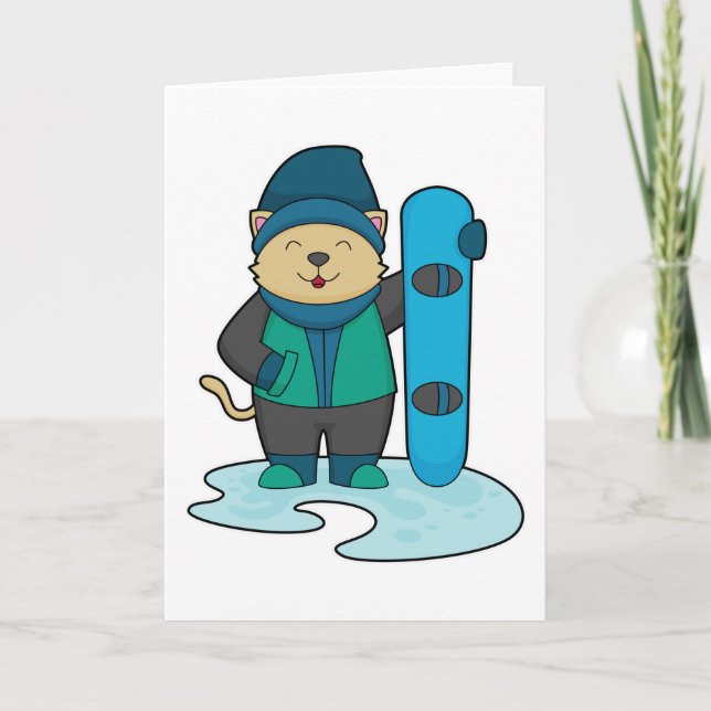 Katt som snowboardåkare med snowboard kort (Framsida)