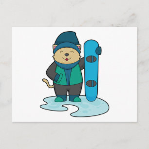 Katt som snowboardåkare med snowboard vykort