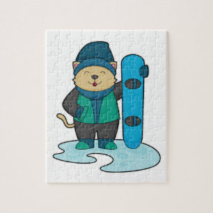 Katt som Snowboarder med snöpapp Pussel