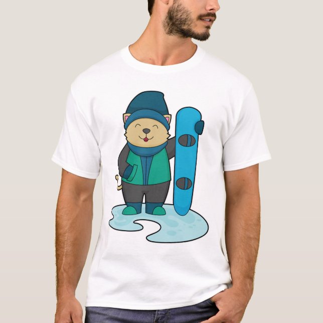 Katt som Snowboarder med snöpapp T Shirt (Framsida)
