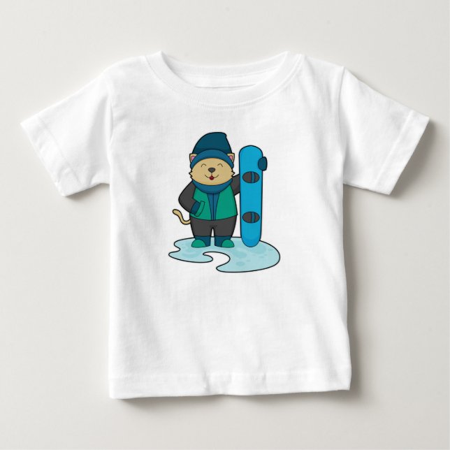 Katt som Snowboarder med snöpapp T Shirt (Framsida)