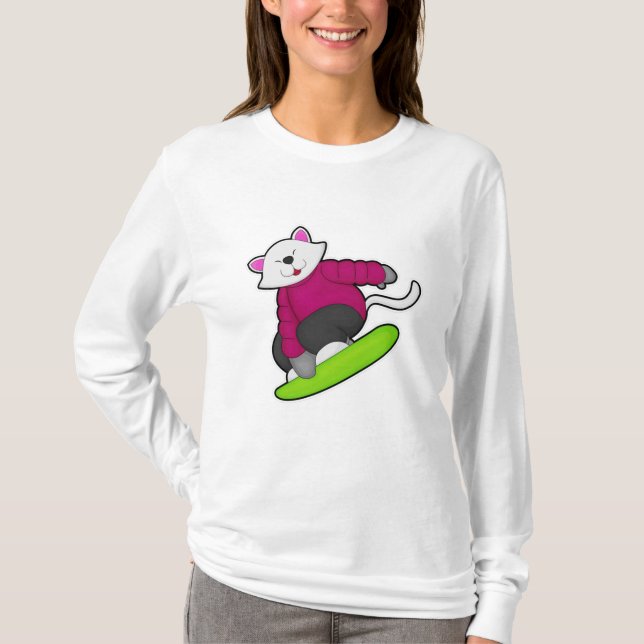 Katt som Snowboarder med snöpapp T Shirt (Framsida)